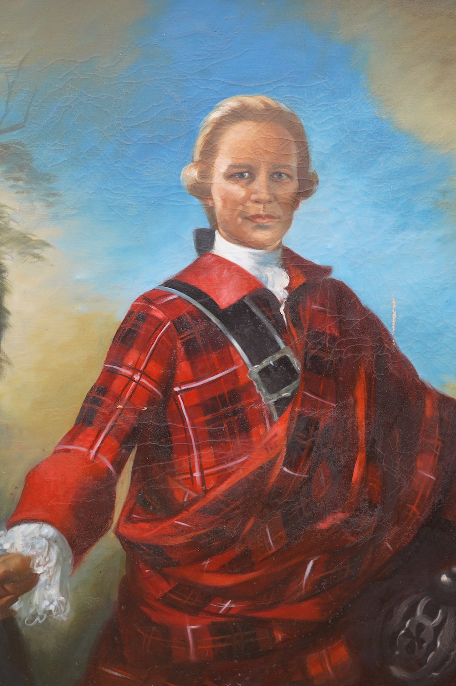 A large decorative oil on canvas, Half-length portrait of a Scottish highlander, 125 x 99cm. Condition - poor to fair